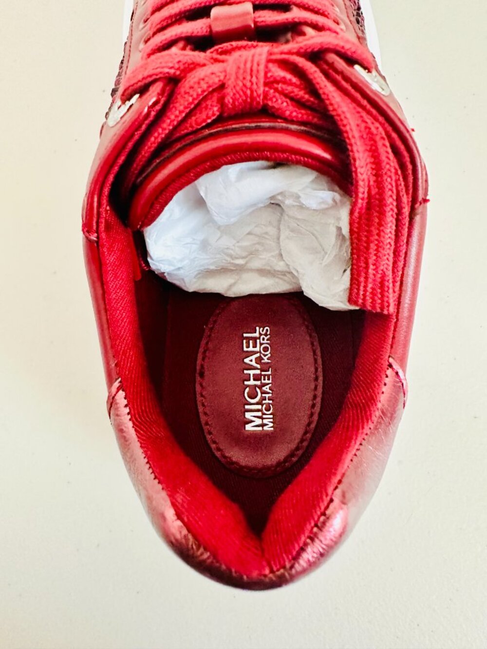 MICHAEL KORS ROMEY LACE-UP CHERRY RED CRYSTAL STUDDED FAUX LEATHER SNEAKERS 6.5M - Picture 9 of 11